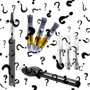 Question Mark Graphics Over Various Vape Pens and Oil Cartridges